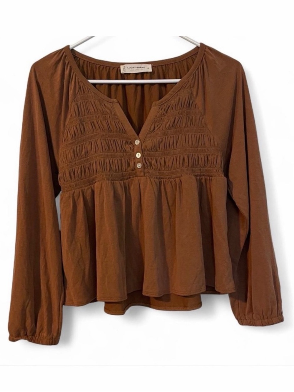 Lucky Brand Burnt Orange Smocked Peasant Blouse